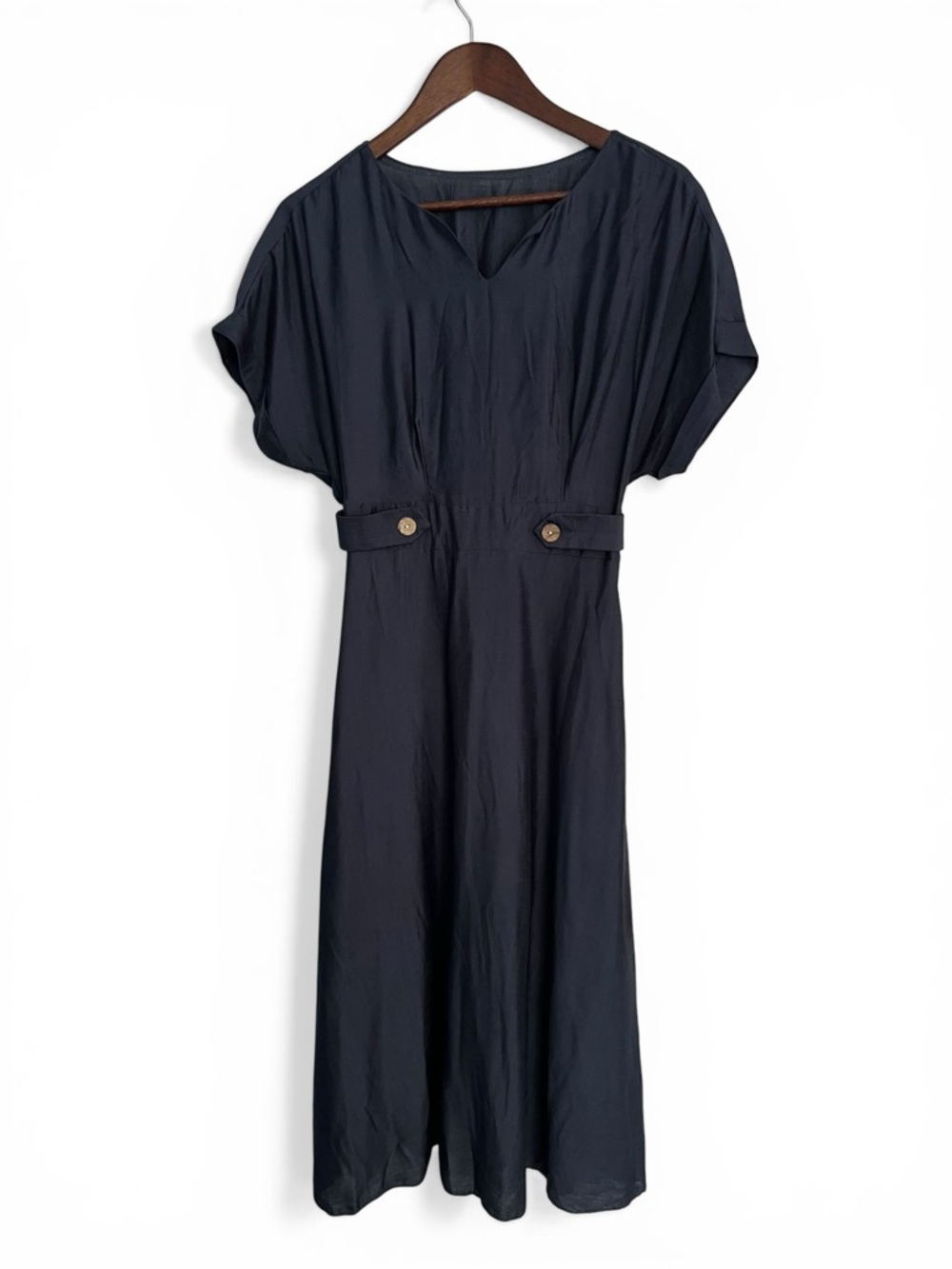 SHEIN Navy Blue V-Neck Midi Dress with Button Waist Tabs - 6 - Picture 2 of 10